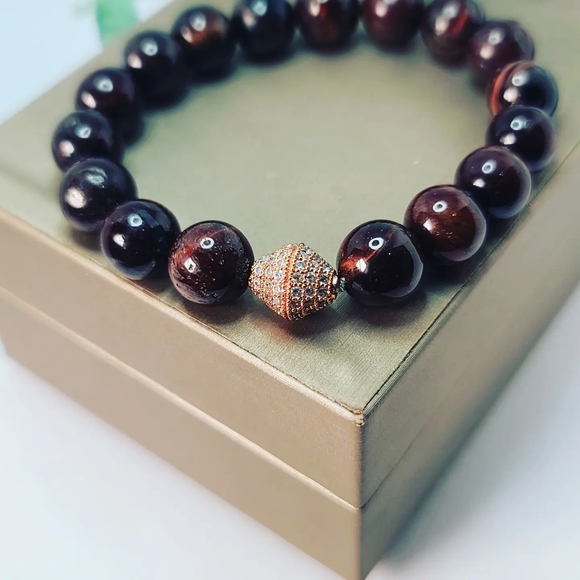 Red Tiger Eye Zirconia charm bracelet 10 mm - Picture 3 of 5